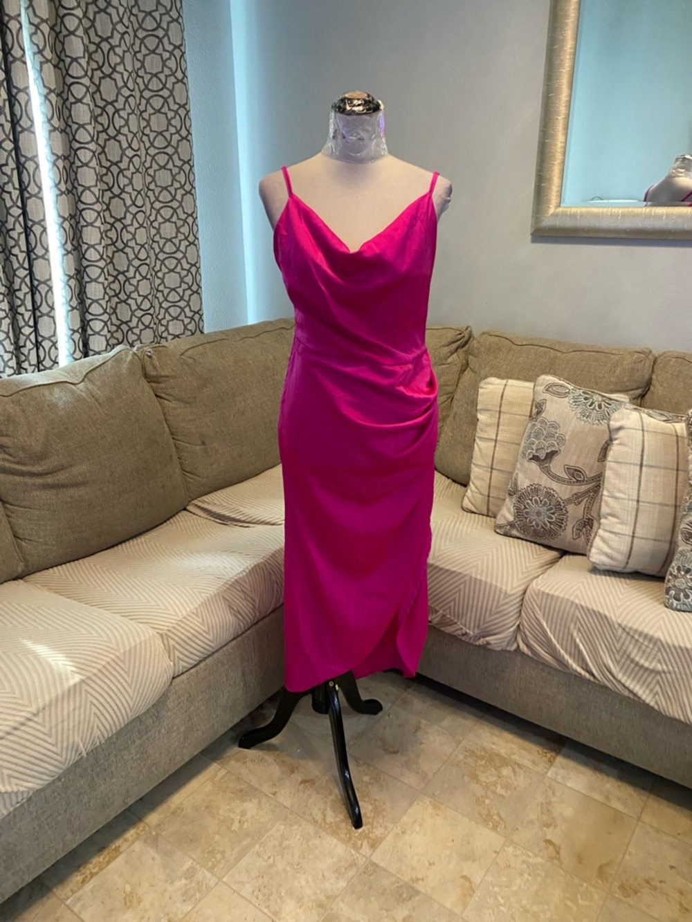 New Women Large hot pink satin cowl-neck midi slip dress Spaghetti Strap